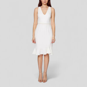 Betsey Johnson Pearl Trim Scuba Flounced Crepe V-neck Dress Sz 8 White Frosting